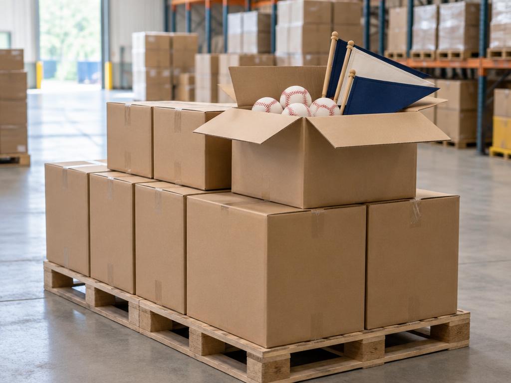 Cartons of unbranded sports souvenirs on a pallet in a bright warehouse