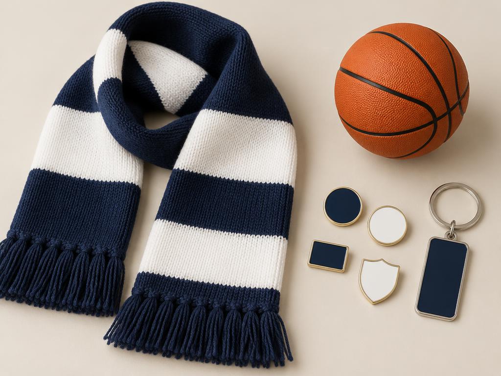 A navy and white knitted scarf, blank pins, a keychain and a miniature basketball arranged flat