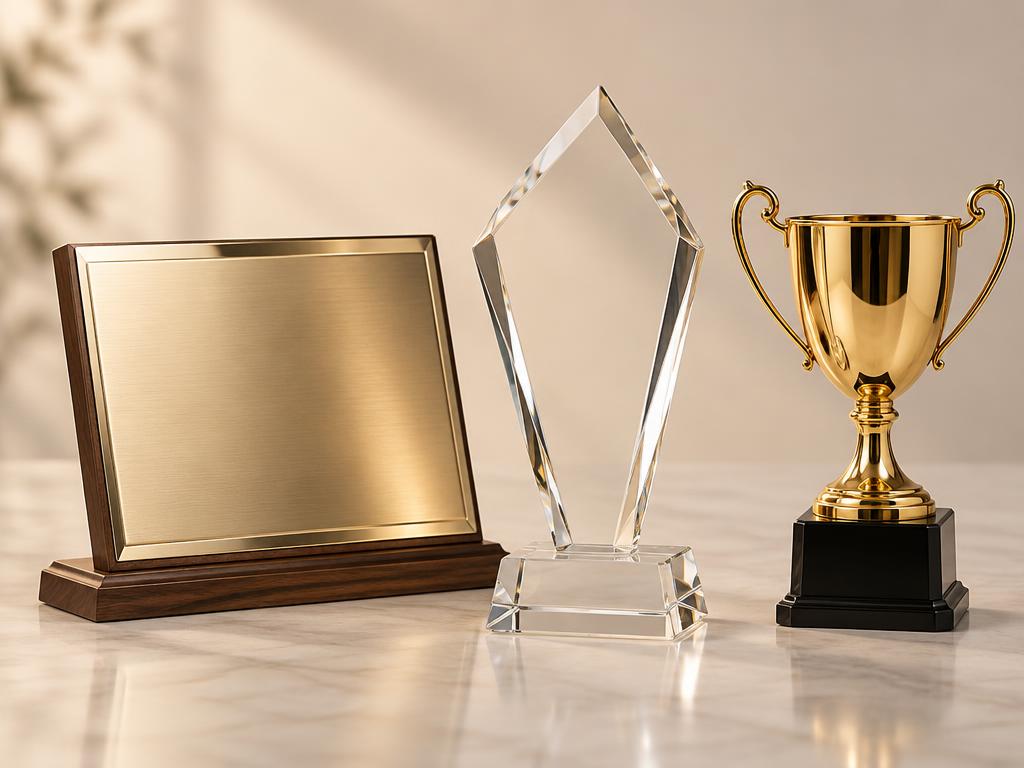 A blank metal plaque, a crystal award and a small gold cup on a marble surface