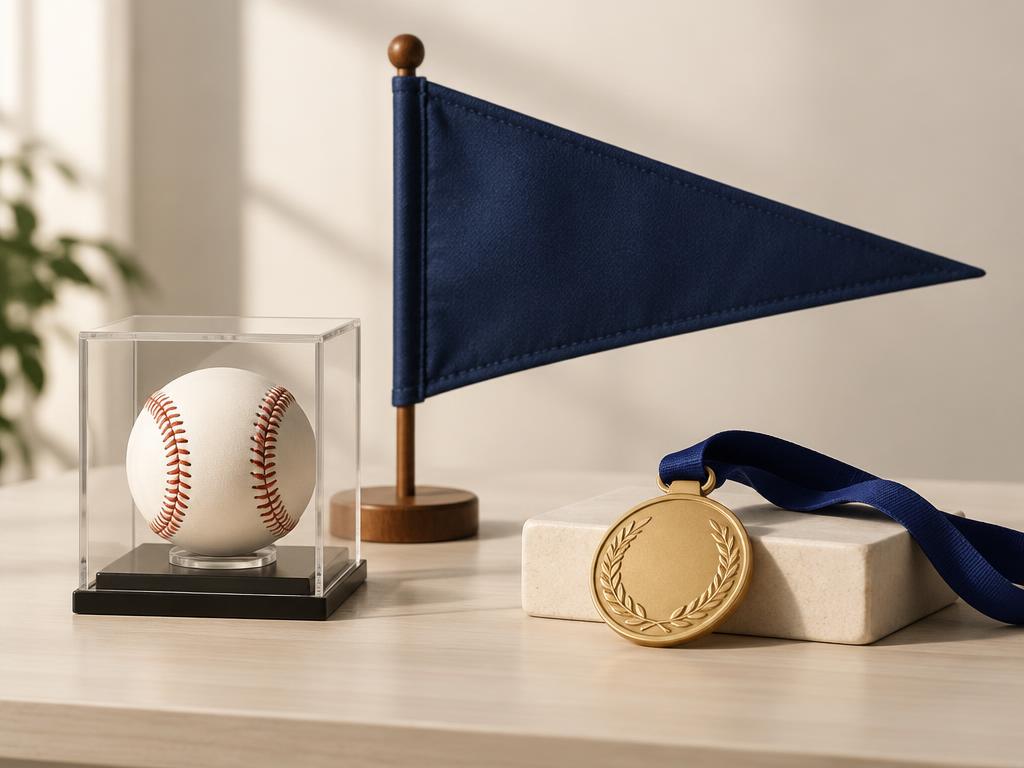 A baseball in a display case, a blank navy pennant and a gold medal on a light surface